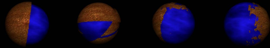 1, 5, 50 and 500 iterations of perturbation showing the development of coastlines